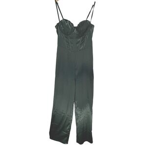 Lulus Dark Green Satin Corset Wide Leg Jumpsuit Small NEW Bustier Boning‎ Goth